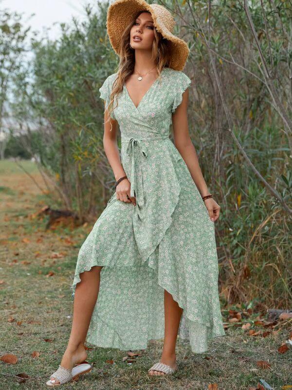 Bohemian Floral V-Neck Wrap Maxi Dress