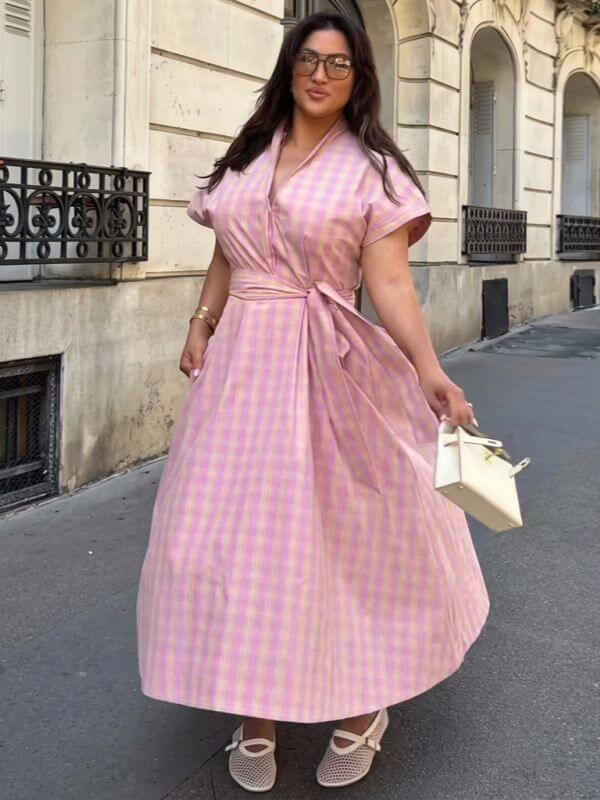 Plaid Print Lace-Up High Waist Midi Dress