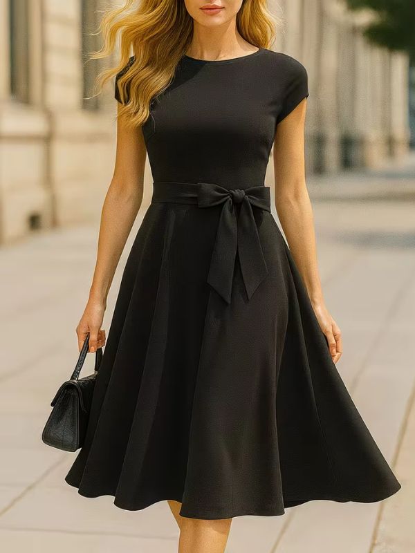 Black Knee Length Cocktail Dress with Tie Waist