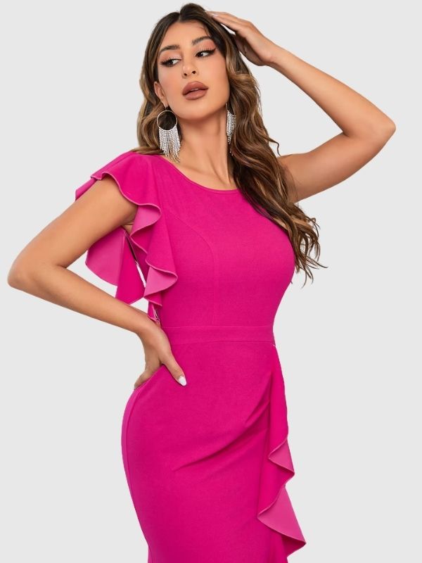 One Shoulder Ruffle Trim Maxi Dress with Side Slit