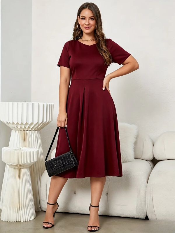 Black V-Neck Waist-Cinched Midi Dress with Pockets