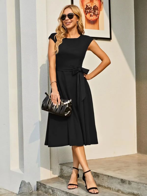 Sleeve Fit and Flare Cocktail Dress with Bow Waist